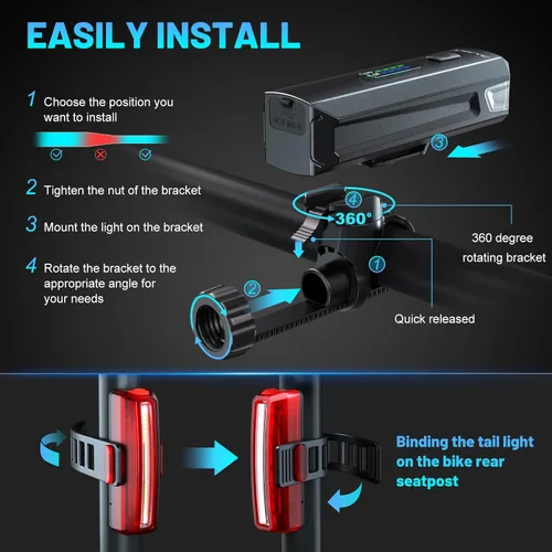 Vista 5 de APECYC Bike Lights USB-C Rechargeable Bicycle Front Headlight and Rear Taillight with 4+5 Light Modes, Waterproof Bike Light Set for Night Riding