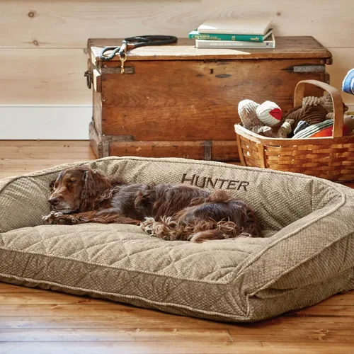 Vista 5 de Orvis ComfortFill-Eco - Cama para perro con cojín rectangular de felpa con cojín de tres lados para inclinarse, caqui jaspeado, extragrande