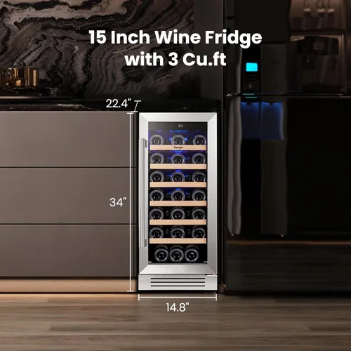 Vista 2 de Yeego Refrigerador de vino - Refrigerador de vino de 15 pulgadas con 33 botellas con puerta de vidrio, control táctil de 40-65 ℉, integrado