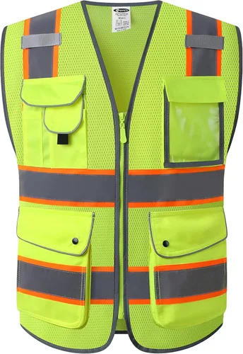 Vista 26 de JKSafety Chaleco de seguridad frontal con cremallera de alta visibilidad Clase 2 de 9 bolsillos con tiras reflectantes, cumple con las normas