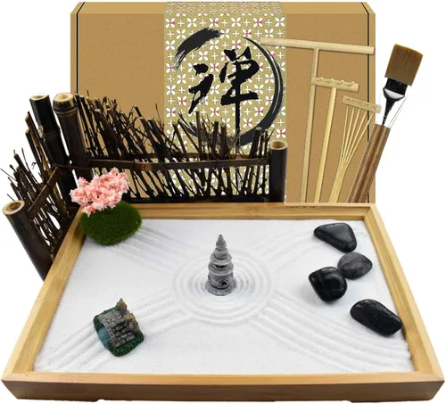 Artcome Jardín de arena zen japonés para escritorio con rastrillo, soporte, rocas y mini artículos de mobiliario - Accesorios de mesa de oficina,
