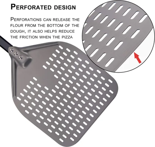 Vista 5 de G.a HOMEFAVOR Pela de pizza perforada, 12 x 15 pulgadas rectangular para pizza, pala de torneado de aluminio anodizado profesional, 26 pulgadas