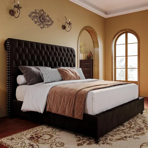 PaPaJet Armazón de Cama Tamaño Queen Cama Plataforma Tapizada con Cabecera de Trineo Alta de 53'', Acolchado con Botones, No Se Necesita Somier,