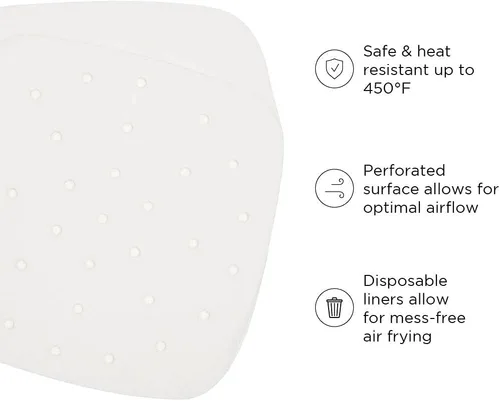 Vista 2 de Chefman Revestimientos desechables para freidora de aire, papel pergamino resistente al calor para cestas, paquete de 100, cuadrado de 8 x 8 pulgadas