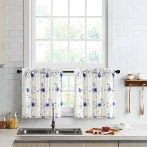 Vista 49 de VOGOL - Cenefa de cocina bordada con flores para ventanas, cenefa decorativa con filtro de luz para baño, cortinas con bolsillo para varilla corta