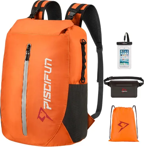 Vista 8 de Piscifun Bolsa seca impermeable, ligera mochila seca enrollable sellada con bolsa de cintura y funda para teléfono que mantiene el equipo seco
