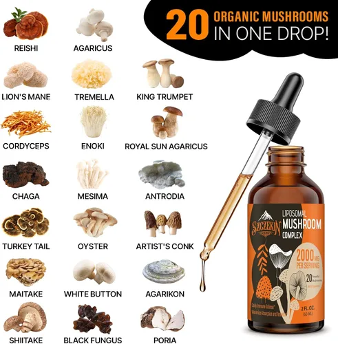 Vista 4 de Gotas de Complejo de Hongos Liposomal 2000 MG - 20 Extractos de Hongos Orgánicos - Fórmula Líquida Avanzada para la Inmunidad, Cognitiva y Memoria