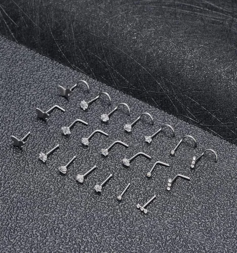 Vista 4 de Akeoqi 29 aros de nariz de 0.71 oz, aros de nariz de acero inoxidable, forma de tornillo de hueso en L, circonita cúbica, mariposa, serpiente