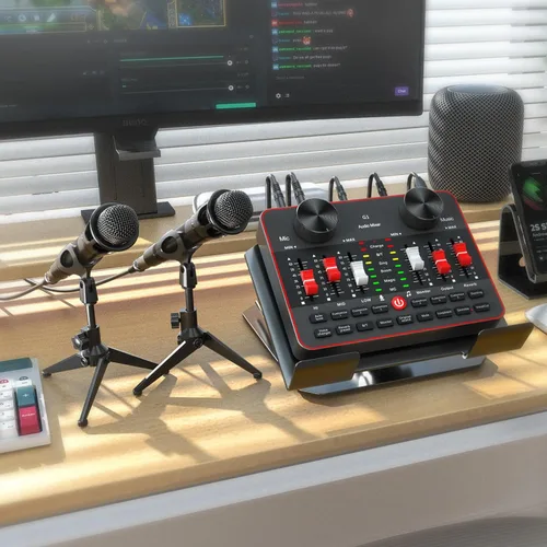 Vista 6 de Conjunto de equipo de podcast para 2 micrófonos, kit de creador de contenido de video de Tiktok, interfaz de audio, mezclador DJ, tarjeta