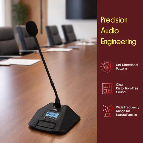 Vista 4 de Pyle Sistema de micrófono inalámbrico con receptor de micrófono de 8 canales Incluye 8 micrófonos de conferencia de escritorio UHF Configuración