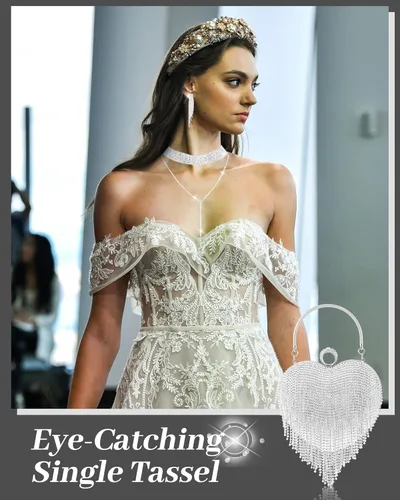 Vista 6 de Juego de 5 monederos de mano con diamantes de imitación para el día de San Valentín para mujer, con forma de corazón, borla y bolsa de mano de noche