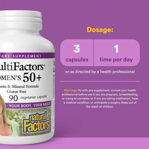 Vista 3 de MultiFactors by Natural Factors, Fórmula multivitamínica y mineral para mujeres 50+, suplemento dietético para apoyo nutricional, 90 cápsulas