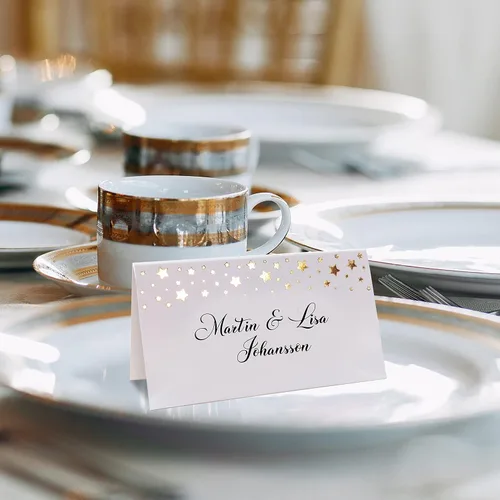 Vista 4 de CLEVER SIGNS Paquete de 100 tarjetas de lugar doradas para recepción de bodas, 2 x 3.5, diseño doble, estrellas y líneas de lámina dorada