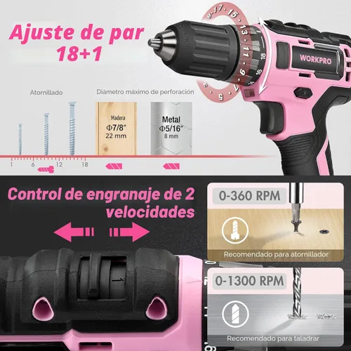 Vista 5 de WORKPRO Kit de herramientas rosa con taladro, juego de herramientas con destornillador de iones de litio inalámbrico de 20 V, juego de taladro rosa