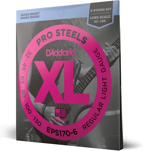 D'Addario XL ProSteels - Cuerdas para guitarra bajo, EPS170-6, 6 cuerdas, escala larga, ligeras regulares, 32-130