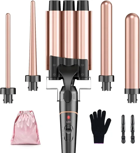 BESTOPE PRO Waver - Plancha rizadora de pelo de 3 barriles, juego de varita rizadora 5 en 1, varita de calentamiento rápido con 2 clips, rizador de