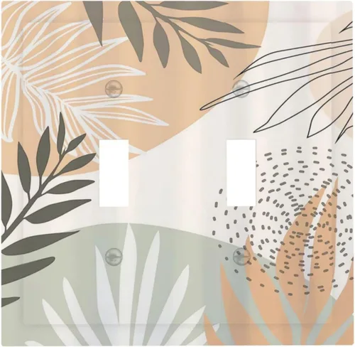 Vista 2 de Placa de interruptor de luz de 2 cuadrillas con hoja verde bohemia de mediados de siglo, diseño bohemio tropical de doble palanca, placa frontal