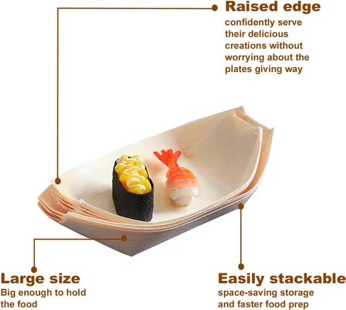 Vista 2 de 300 platos de madera desechables, diseño rústico, bandeja biodegradable para servir alimentos, platos de 5 pulgadas, para mini barco de sushi