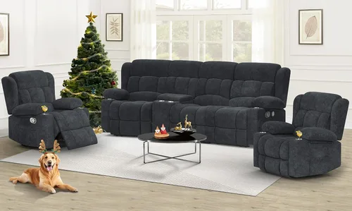Vista 22 de Dresegmt Juego de sofá reclinable con consola de almacenamiento, diseño de respaldo medio abatible, sofá reclinable de 3 plazas y silla reclinable