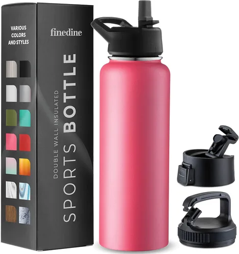 Vista 16 de FineDine Botellas de agua aisladas de triple pared con popote, botella de metal de acero inoxidable de 25 onzas con 3 tapas a prueba de fugas