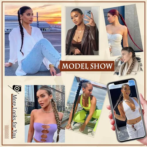 Vista 5 de Sofeiyan Extensión de cola de caballo de trenza larga con banda para el cabello, lacio, elegante, envolvente, extensiones de cabello trenzado, cola