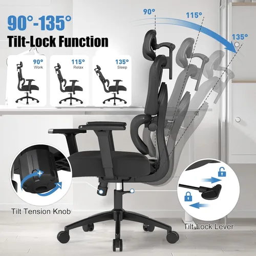 Vista 7 de Ergonomic Office Mesh Chair, Home Office Chair 3D Adjustable Headrest, 3D Armrests with Adjustable Lumbar Support, Black