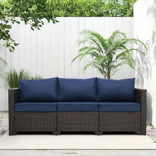 Valita Muebles de patio de 3 asientos, sofá de mimbre marrón, muebles de exterior, sofá de exterior, asiento profundo, respaldo alto, funda Azul