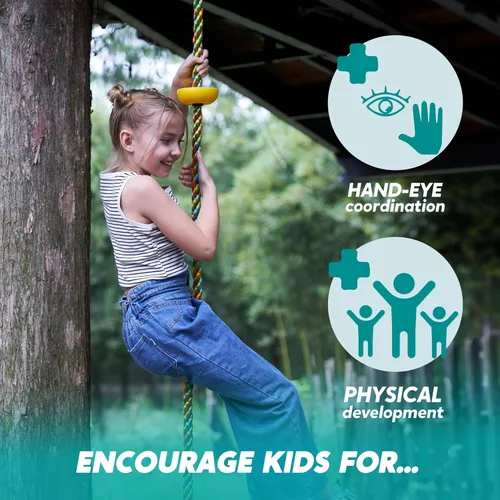 Vista 4 de TURFEE Columpio de árbol para niños, árbol de cuerda de escalada azul con plataformas y asiento de disco, asiento de un solo disco y cuerda