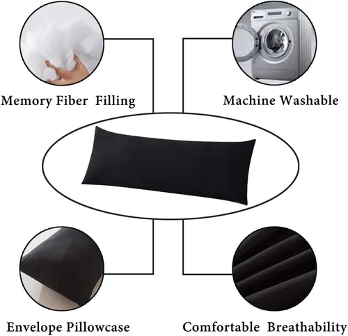 Vista 6 de ELNIDO QUEEN Almohada corporal con funda de almohada - Almohada de cama larga suave para adultos - Relleno de almohada de cuerpo completo Negro