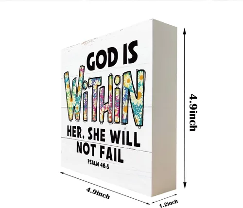 Vista 2 de Letreros de madera cristiana, versículo de la Biblia, Salmo 46:5 - God is Within Her, She Will Not Fail, decoración de mesa con diseño de girasol