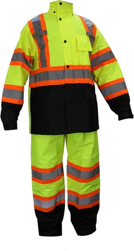 RW-CLA3-TLM55 Y OR77 Clase 3 Traje de lluvia, chaqueta, pantalones de alta visibilidad reflectante fondo negro