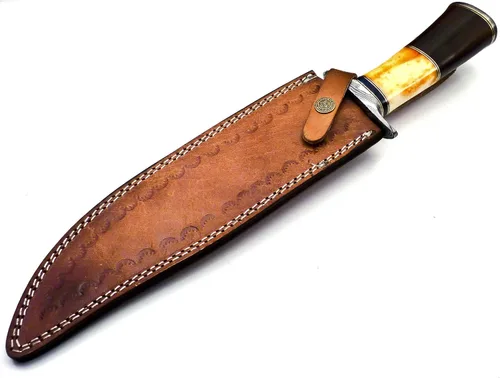 Vista 9 de BK-40 Cuchillo Bowie de acero de Damasco hecho a mano de 15 pulgadas - Hermoso mango de hueso de madera de rosa y cuerno de toro con vaina