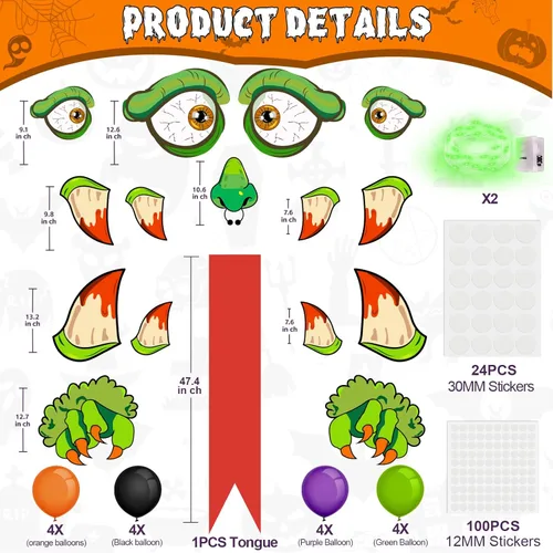 Vista 6 de Kit de decoración de Halloween para maletero o golosinas con ojos, dientes, globos y lengua para auto, puerta de garaje, entrada, arco, lindas