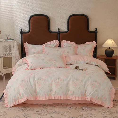 Vista 13 de VM VOUGEMARKET Juego de funda de edredón tamaño individual, juego de ropa de cama de flores azul claro para niñas, 100% algodón, funda de edredón