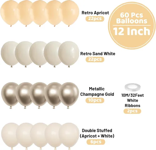 Vista 2 de Funhot Juego de globos beige, 60 globos de cumpleaños nude, globos de doble relleno de color blanco arena albaricoque de 12 pulgadas, globos neutros