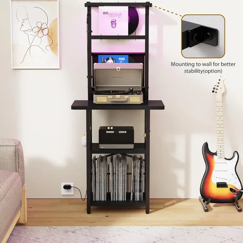 Vista 5 de YAKANJ Soporte para tocadiscos con luz LED, mesa para tocadiscos con almacenamiento de vinilos, soporte para tocadiscos con estante de exhibición
