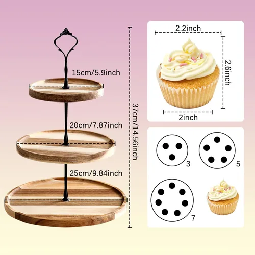 Vista 2 de Soporte para cupcakes de 3 niveles, bandeja escalonada de madera, bandeja rústica para cupcakes, soporte para cupcakes, soporte para servir, postre