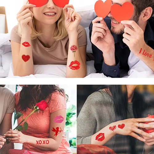 Vista 2 de mdgfge 83 calcomanías temporales de tatuajes para el día de San Valentín, labios rojos, corazón, beso, amor, cupido, rosa, impermeables