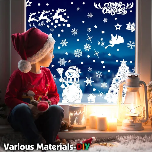 Vista 2 de 219 calcomanías de Navidad para ventanas, copos de nieve, decoración de Navidad, para interiores, con árbol de Navidad, Papá Noel, reno, decoración
