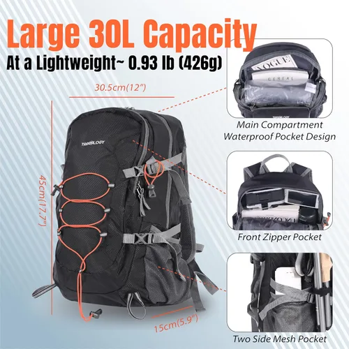 Vista 2 de TREKOLOGY Mochila ligera impermeable de 30L – Mochila plegable y duradera para hombres y mujeres con correa para el pecho y múltiples compartimentos