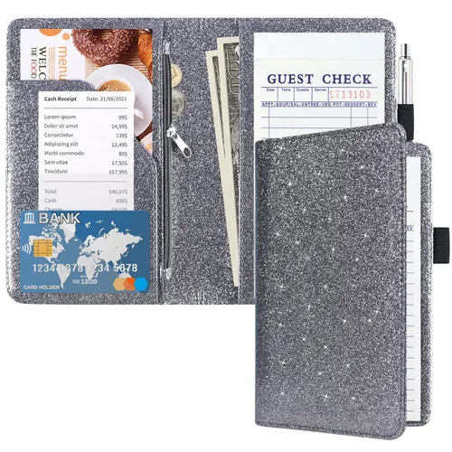 Vista 8 de ACdream Libros de mesera para camarera con bolsillo con cremallera, bloc de notas para libro de visitas, lindo organizador de dinero de cuero