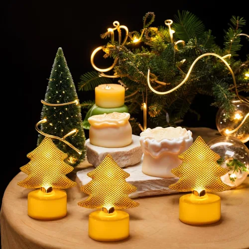 Vista 5 de HAIDOLIANG 6 velas de té de árbol de Navidad (hierro), velas LED sin llama que funcionan con pilas para regalos de vacaciones, velas votivas LED