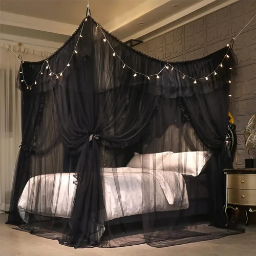Vista 5 de VETHIN Cortina de Dosel de Cama de Princesa con Volantes de 4 Postes - Red Mosquitera de Cortina de Doble Capa Acogedora con 4 Aberturas para Niñas