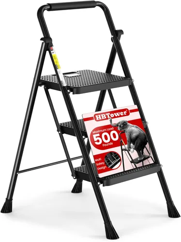 Vista 10 de HBTower Escalera de escalones. Taburete plegable con escalón ancho antideslizante, escalera de acero resistente, con un práctico pasamanos, ligera