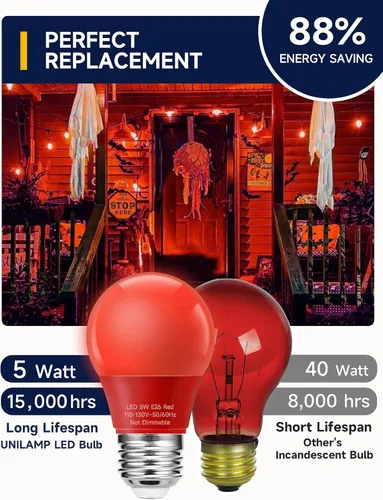 Vista 2 de Bombillas rojas A15 para decoración de Halloween, bombilla de color de 5 W equivalente a 40 vatios, bombilla LED roja de base media E26