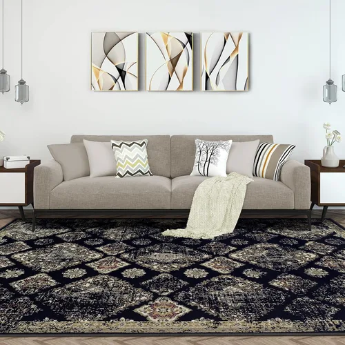Vista 2 de Superior Indoor Area Rug, Jute Backed, Perfect for Entryway, Office, Living/Dining Room, Bedroom, Kitchen, Hardwood Floor, Distressed Damask Decor