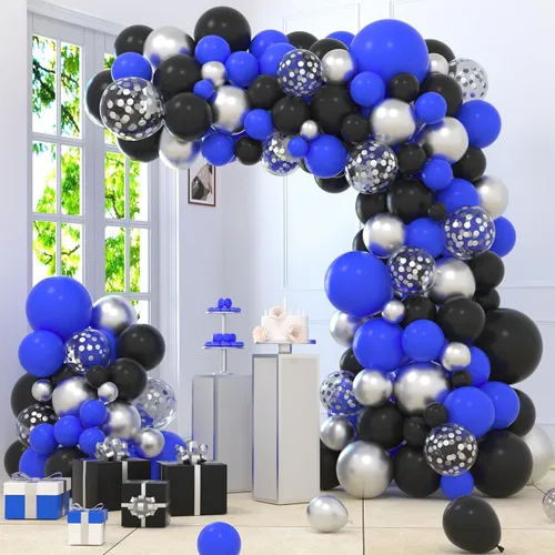Kit de arco de guirnalda de globos color azul, plateado y negro, globos de confeti metálicos plateados para videojuegos, hombres, 30, 40, 50