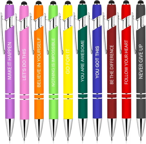 Vista 6 de 9 Pcs Inspirational Pens with Stylus Tip, Motivational Quotes Ballpoint Pens for Coworkers & Students, 1.0mm Black Ink Retractable Pens Bulk for