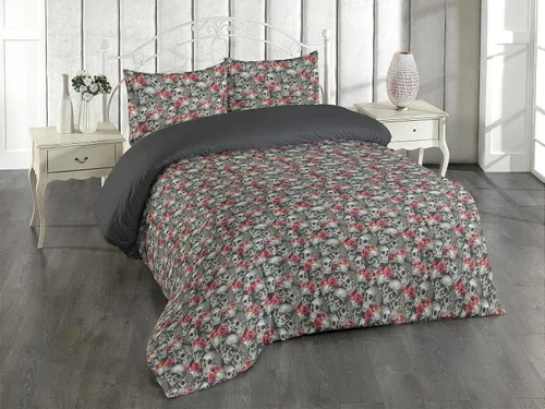 Vista 10 de Ambesonne Juego de funda de edredón de calavera, cabeza de esqueleto de estilo americano tradicional y boceto floral sobre arte estampado oscuro