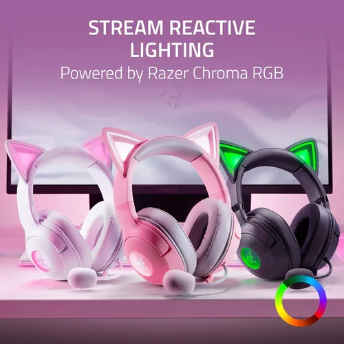 Vista 3 de Razer Kraken Kitty V2 Auriculares USB con cable orejas de gatito RGB Chroma - Iluminación reactiva de transmisión - Micrófono cardioide HyperClear